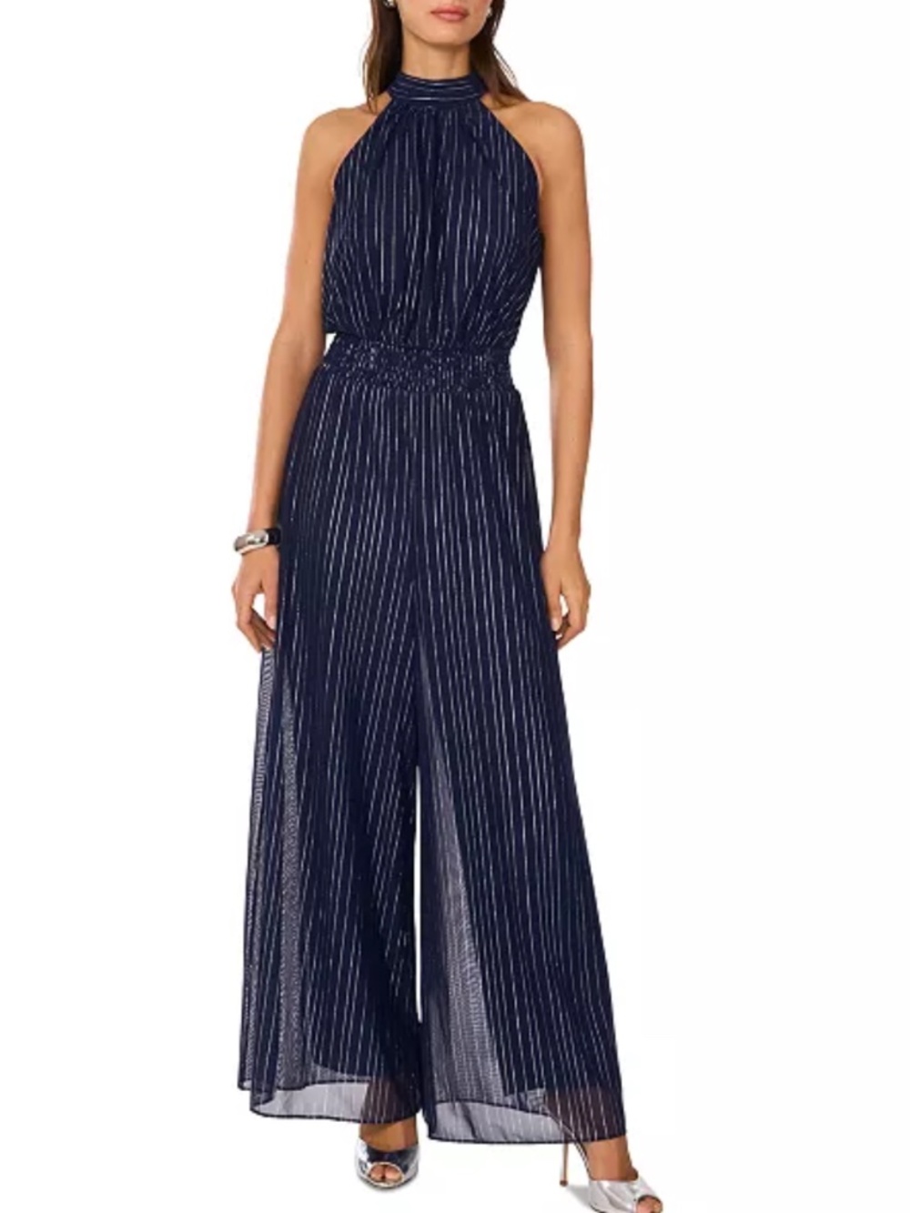 Vince Camuto Shine-Stripe Halter Wide-Leg Smocked-Waist Jumpsuit Size M